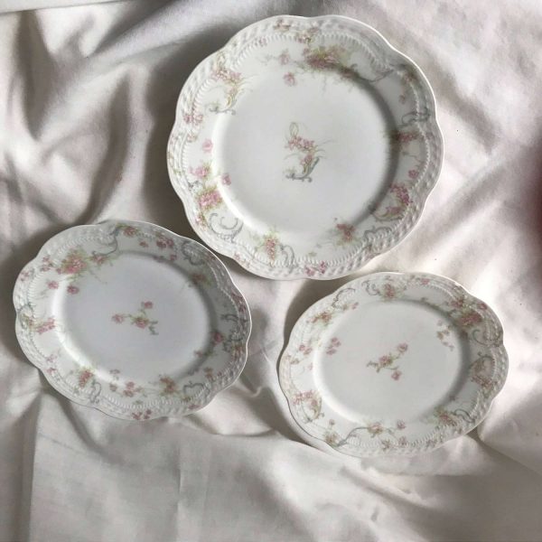 Antique Limoges Pink Floral 3 Princess bread plates France 1800's farmhouse collectible china dinnerware shabby chic serving dining