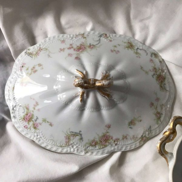 Antique Limoges Pink Floral Princess Covered Casserole Double handled France 1800's farmhouse collectible serving dining