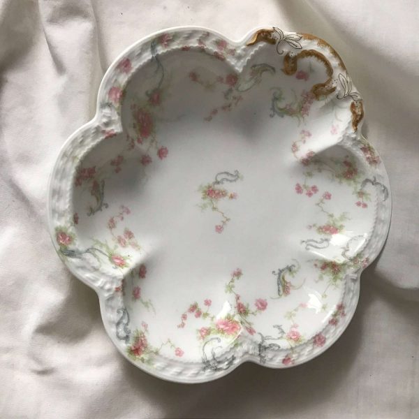 Antique Limoges Pink Floral Princess Vegetable serving bowl gold trim handle France 1800's dining farmhouse collectible china dinnerware
