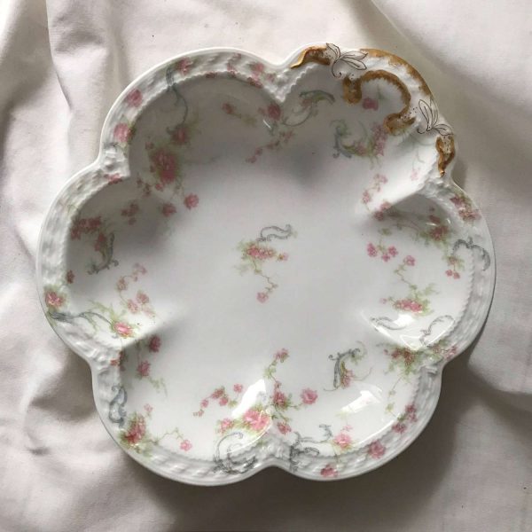 Antique Limoges Pink Floral Princess Vegetable serving bowl gold trim handle France 1800's dining farmhouse collectible china dinnerware