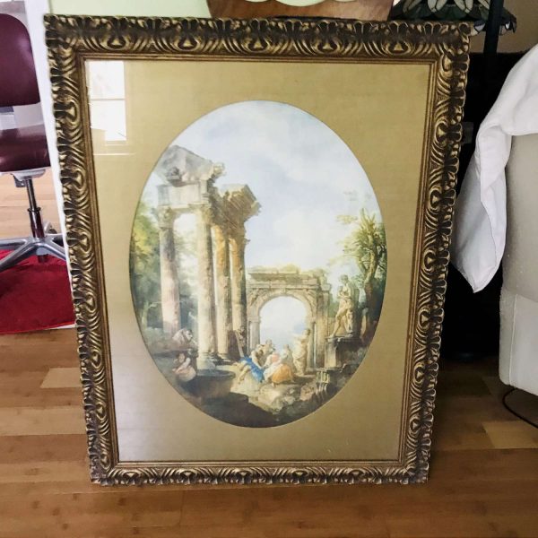 Antique Lithograph framed and matted Oval Roman style columns and people couple large gold ornate frame great detail 29" x 37" under glass