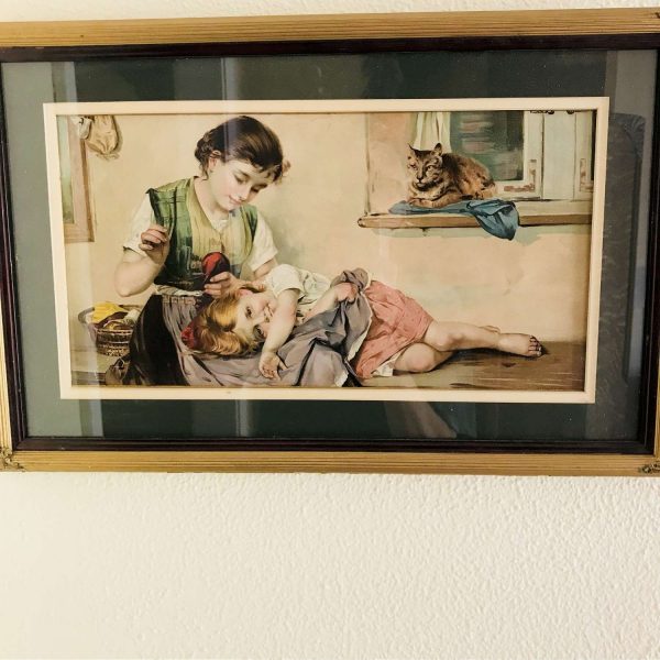 Antique Lithograph of Sewing Mother with Child and Cat Framed and matted under glass wall decor farmhouse collectible display