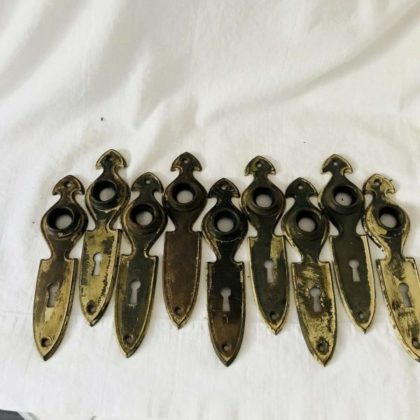 Antique lot of 9 Escutcheons Brass 6" long door Knob trim farmhouse collectible display Victorian Era door restoration  hardware