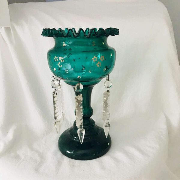 Antique Lustre with clear crystals Collectible display farmhouse cottage blue green home decor glass enameled flowers ruffled rim