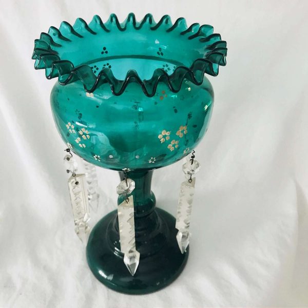 Antique Lustre with clear crystals Collectible display farmhouse cottage blue green home decor glass enameled flowers ruffled rim