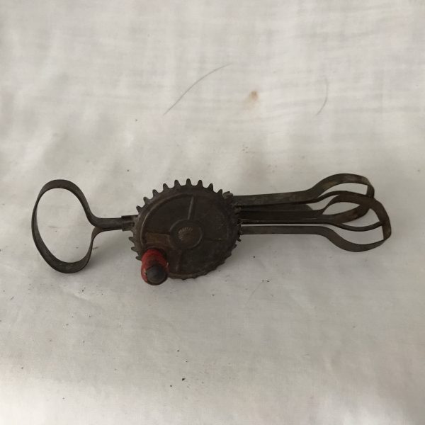 Antique Miniature Egg Beater Child's Pretend Play Working Metal with red painted handle farmhouse collectible toy primitive