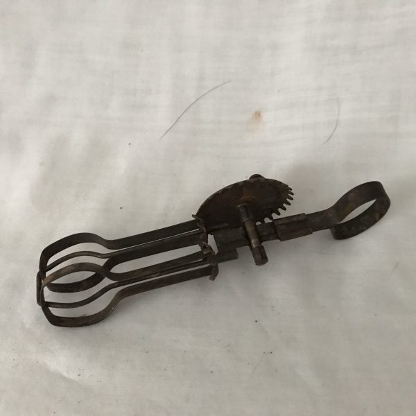 Antique Miniature Egg Beater Child's Pretend Play Working Metal with red painted handle farmhouse collectible toy primitive