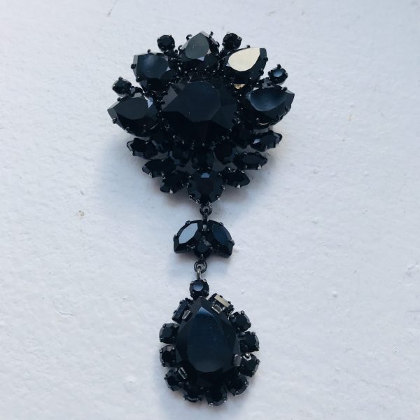 Antique Mourning Jewelry Brooch Pin Collectible Austria Black rhinestones with pendant faceted rhinestones