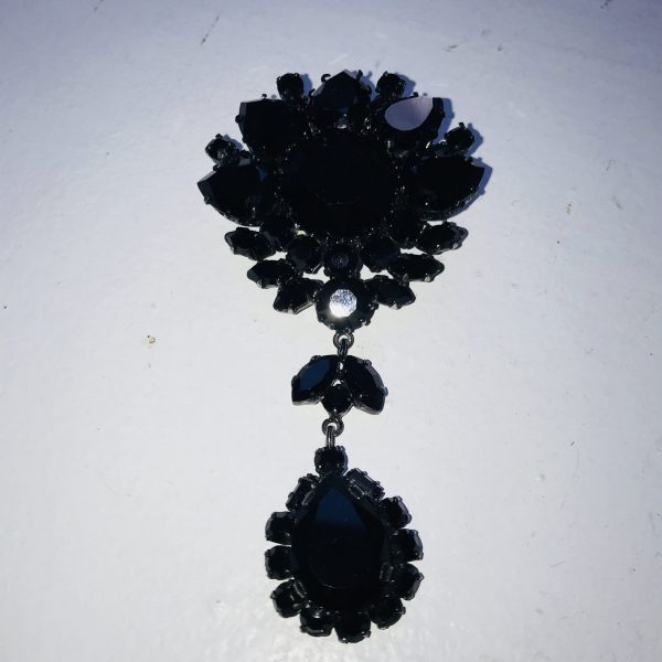 Antique Mourning Jewelry Brooch Pin Collectible Austria Black rhinestones with pendant faceted rhinestones