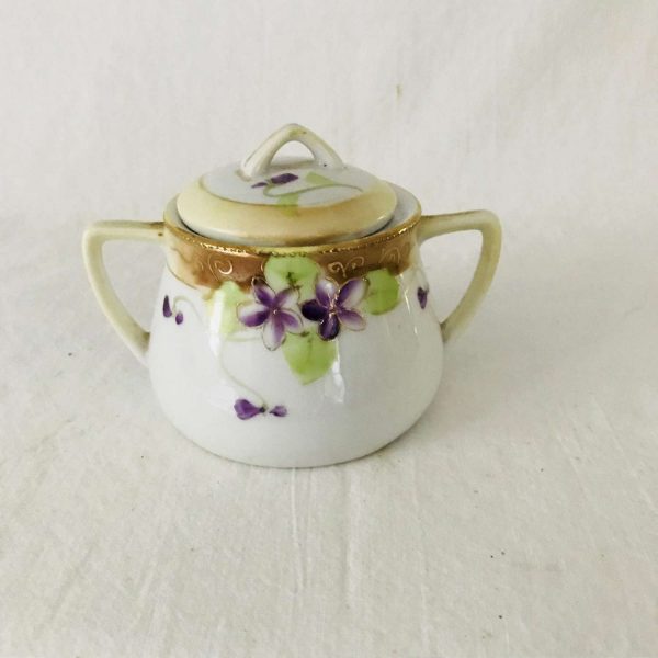 Antique Nippon hand painted sugar bowl lidded dish raised gold trim purple flower dainty collectible farmhouse cottage shabby chic