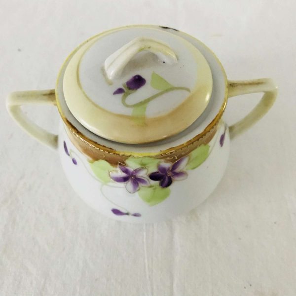 Antique Nippon hand painted sugar bowl lidded dish raised gold trim purple flower dainty collectible farmhouse cottage shabby chic