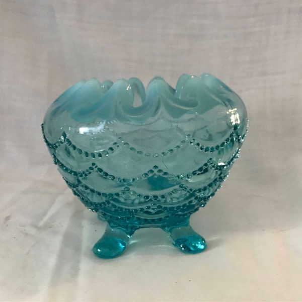 Antique northwood Opalescent Beaded Drape Rose bowl Aqua blue Footed RARE collectible 1912 RARE drape pattern