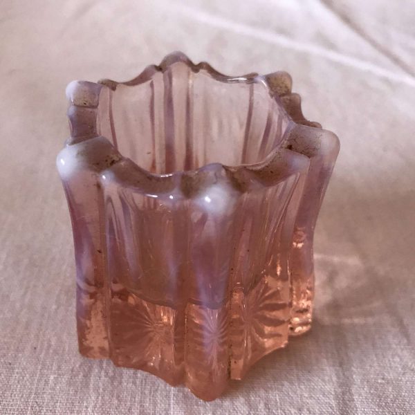 Antique opalescent peach toothpick holder heavy glass beautiful design farmhouse collectible table top antique home decor