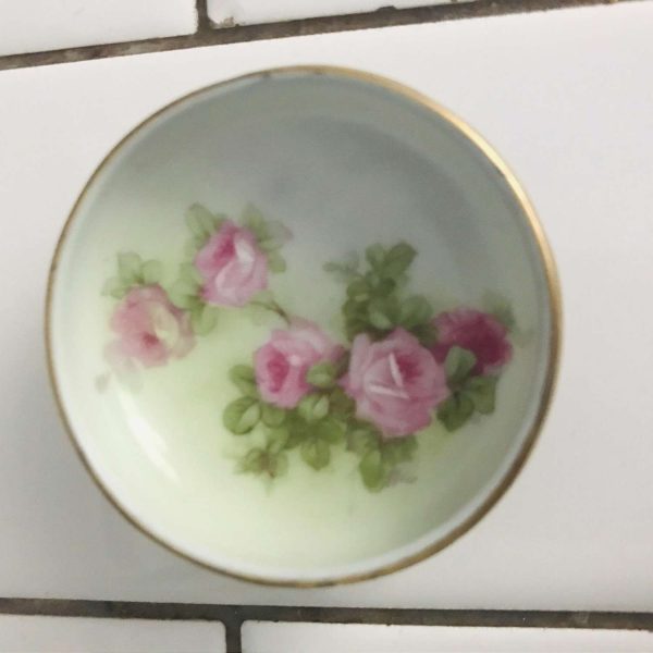 Antique open salt Bavaria hand painted footed base Pink roses light green background farmhouse collectible bridal shower dining table