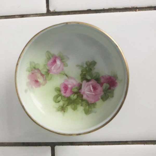 Antique open salt Bavaria hand painted footed base Pink roses light green background farmhouse collectible bridal shower dining table