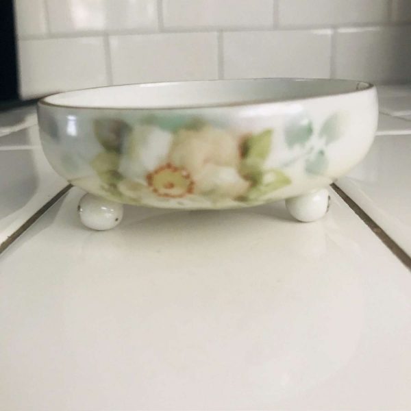 Antique open salt M.Z. Austria hand painted footed base white roses green leaves farmhouse collectible bridal shower dining table