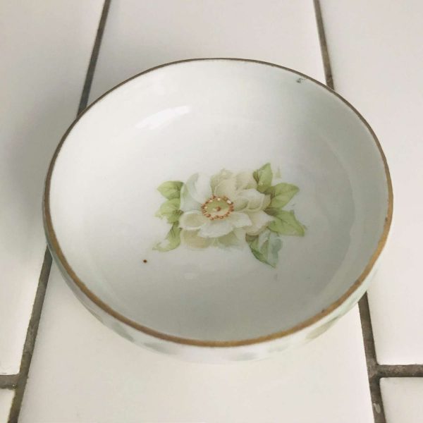 Antique open salt M.Z. Austria hand painted footed base white roses green leaves farmhouse collectible bridal shower dining table