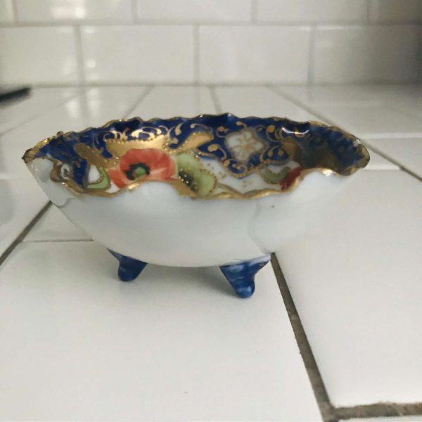 Antique open salt or salt cellar hand painted Flow Blue with bright orange  farmhouse collectible bridal shower dining table
