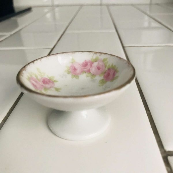 Antique open salt pedestal base tiny pink roses farmhouse collectible bridal shower dining table