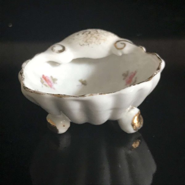 Antique open salt shell shaped hand painted footed base tiny pink roses farmhouse collectible bridal shower dining table