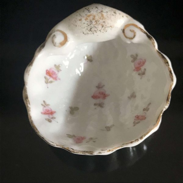Antique open salt shell shaped hand painted footed base tiny pink roses farmhouse collectible bridal shower dining table