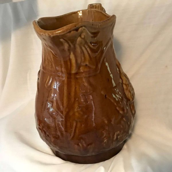 Antique Pheasant and Stag Bennington Milk Pitcher Farmhouse Crockery Pottery Large 1800's table top refrigerator pitcher