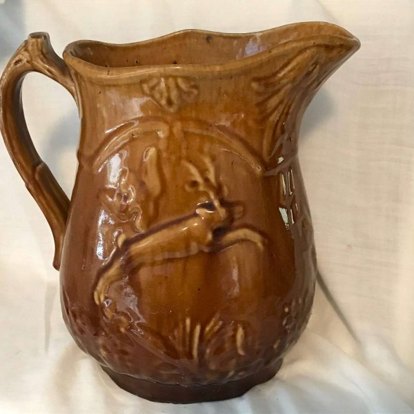 Antique Pheasant and Stag Bennington Milk Pitcher Farmhouse Crockery Pottery Large 1800's table top refrigerator pitcher