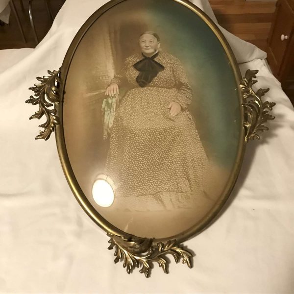Antique Picture Wall Decor Convex Glass Brass Ornate Framed Photo Farmhouse Collectible Display hand colored