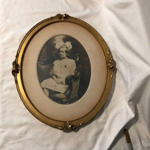 Antique Picture Wall Decor Wood & Plaster Ornate Frame Girl Photo Farmhouse Collectible Display Ivory Matted Victorian Picture