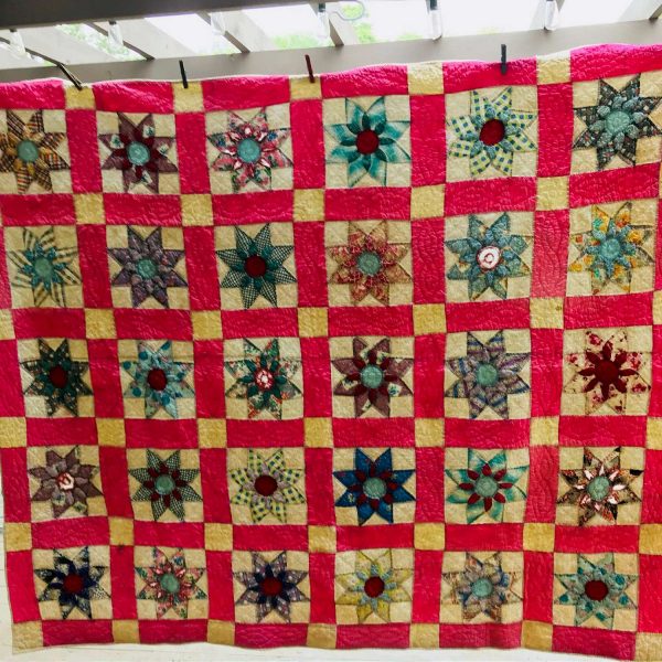 Antique Pink Star Quilt Hand stitched bright pink primary color with various star colors farmhouse collectible display 64" x 78" Full Size