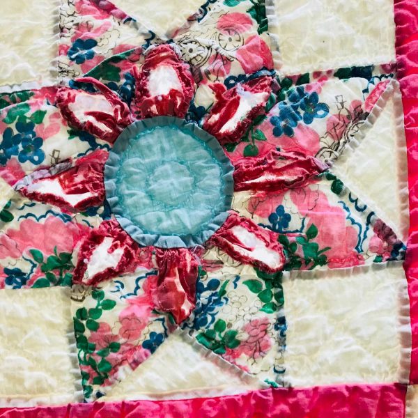 Antique Pink Star Quilt Hand stitched bright pink primary color with various star colors farmhouse collectible display 64" x 78" Full Size