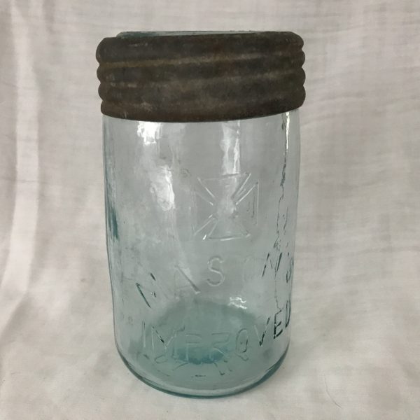 Antique Pint size mason jar 1867 with zinc & glass lid bubble glass aqua blue canning collectible display farmhouse jar