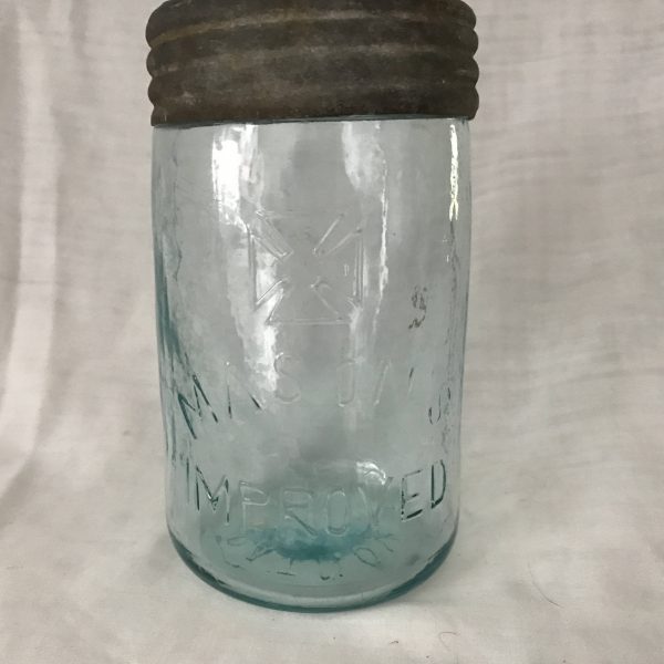 Antique Pint size mason jar 1867 with zinc & glass lid bubble glass aqua blue canning collectible display farmhouse jar