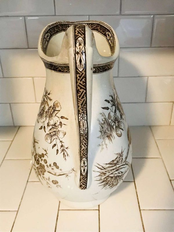Antique Pitcher 1800's Ironstone Brown Transferware J.M. & Co., England Bamboo pattern Extra large water Farmhouse Collectible display