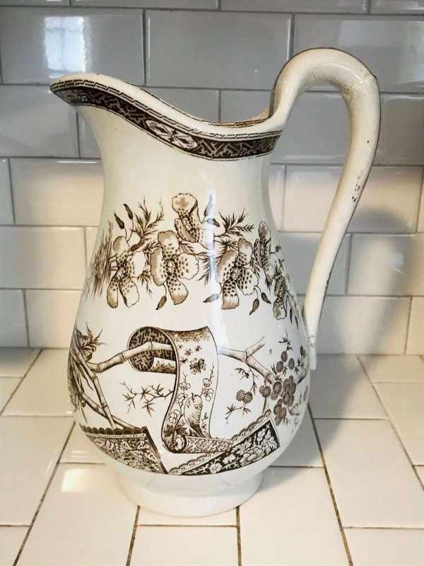 Antique Pitcher 1800's Ironstone Brown Transferware J.M. & Co., England Bamboo pattern Extra large water Farmhouse Collectible display