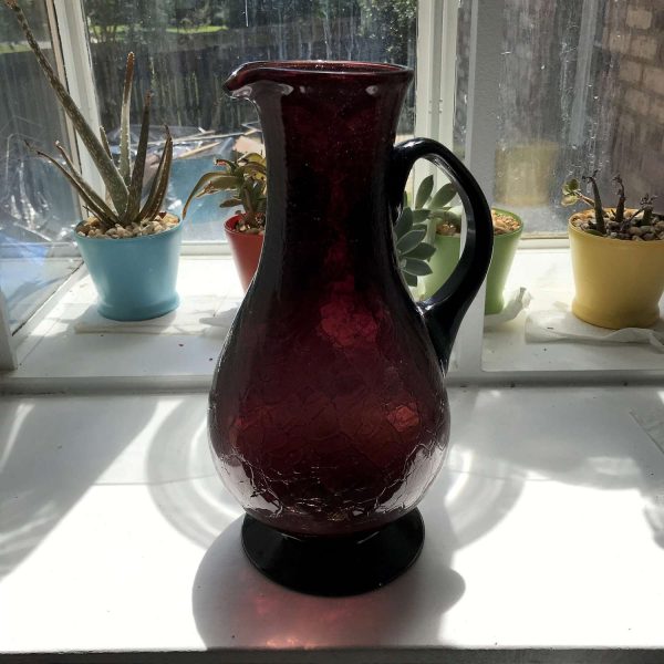 Antique Pitcher Amethyst Blown Crackle Glass Large ornate piece collectible display water Iced tea farmhouse cottage turn of the century