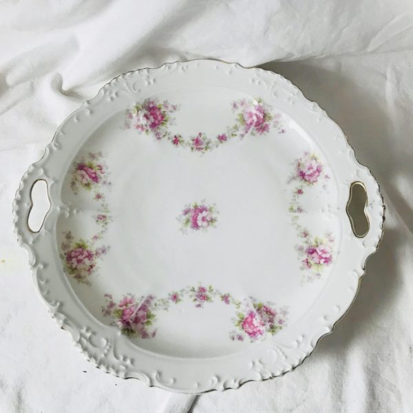 Antique Plate Habsburg Austria double handle decorative serving tray pink rose drape pattern Scroll pattern cookies cup cakes snacks dining
