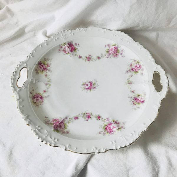 Antique Plate Habsburg Austria double handle decorative serving tray pink rose drape pattern Scroll pattern cookies cup cakes snacks dining