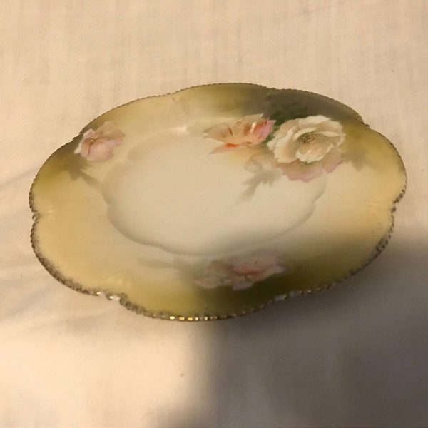 Antique R.S. Prussia Early Hand Painted plate Scalloped edge plate with raised gold dot trim Pink and white roses