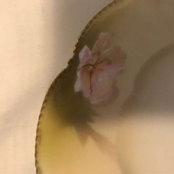 Antique R.S. Prussia Early Hand Painted plate Scalloped edge plate with raised gold dot trim Pink and white roses