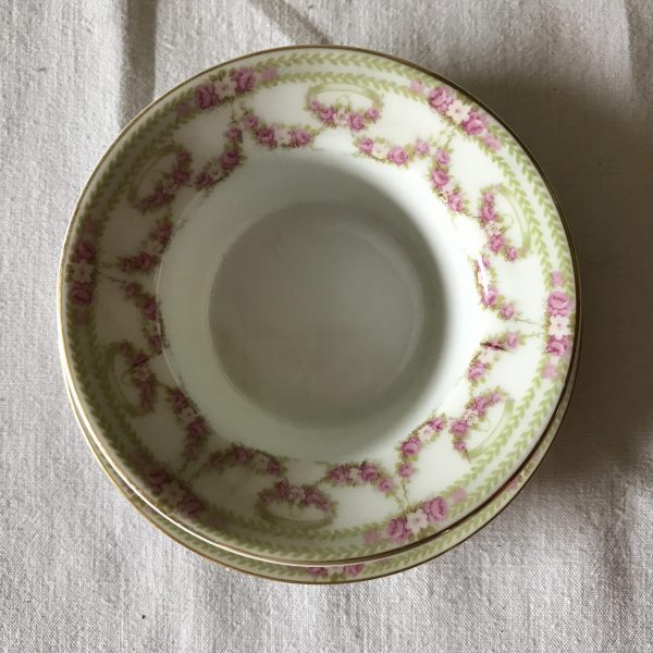 Antique Ramekin Green and Pink Drape Floral pattern with liner or under plate Germany Schwarzberger collectible display serving shabby chic