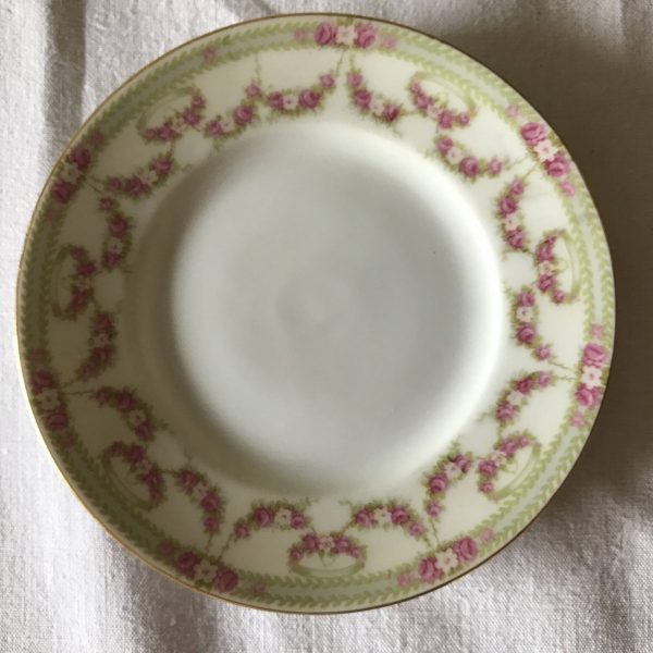 Antique Ramekin Green and Pink Drape Floral pattern with liner or under plate Germany Schwarzberger collectible display serving shabby chic