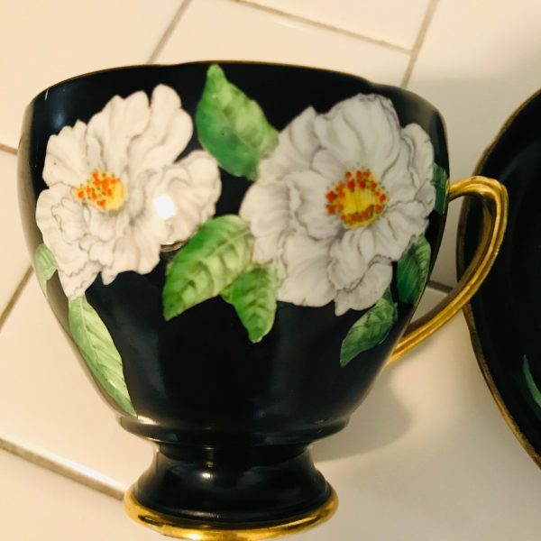 Antique Royal Grafton Tea cup and saucer TRIO England Fine bone china hand painted floral collectible display coffee farmhouse black & white