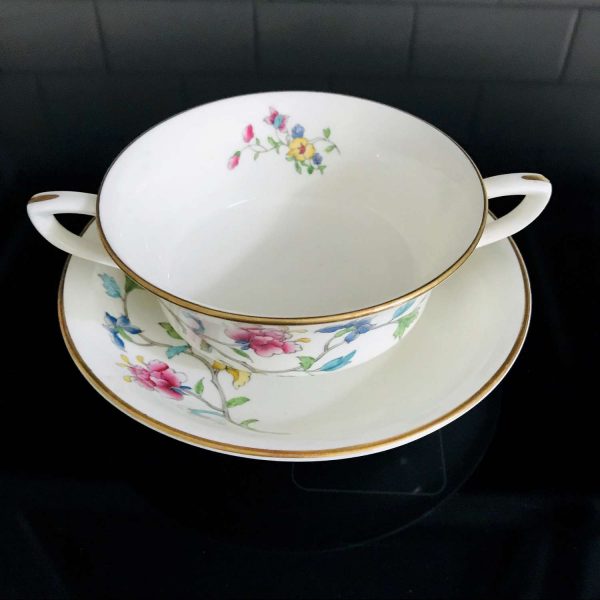 Antique Royal Worcester Double handle soup bowl with saucer farmhouse collectible display Hampton Court fine bone china aqua & bright pink