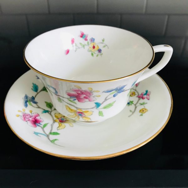 Antique Royal Worcester Tea Cup and Saucer England fine china Bright Colors Aqua Yellow Pink Blue Collectible Display Farmhouse Cottage