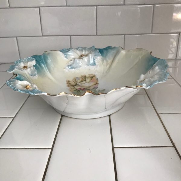 Antique RS Prussia Bowl Aqua with Roses & gold trim 1800's collectible display elegant fine bone china hand painted large bowl