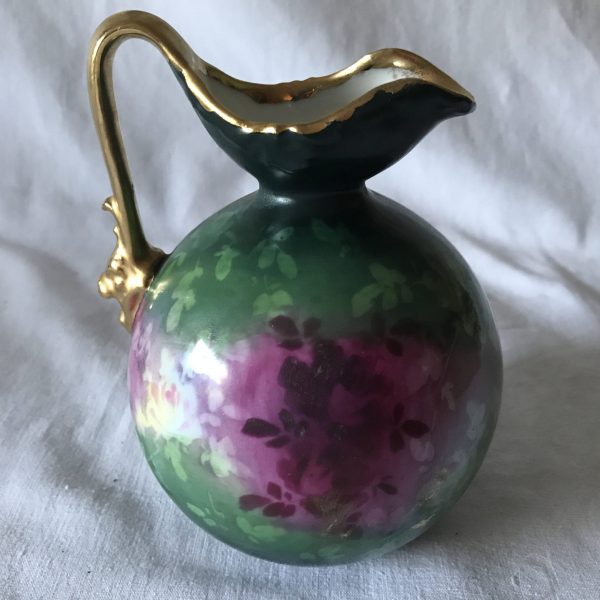 Antique RW Germany Beautiful Ewer Pitcher Purple Green yellow Roses Gold trim and Handle display collectible fine china kitchen dining