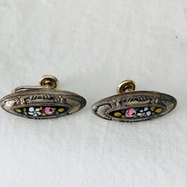 Antique Screw Back Earrings Victorian Hand painted 12kt gold filled 1/20 Mourning Jewelry Enameled Centers long oval collectible jewelry