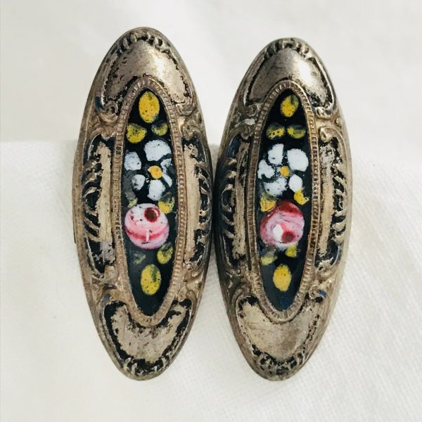 Antique Screw Back Earrings Victorian Hand painted 12kt gold filled 1/20 Mourning Jewelry Enameled Centers long oval collectible jewelry