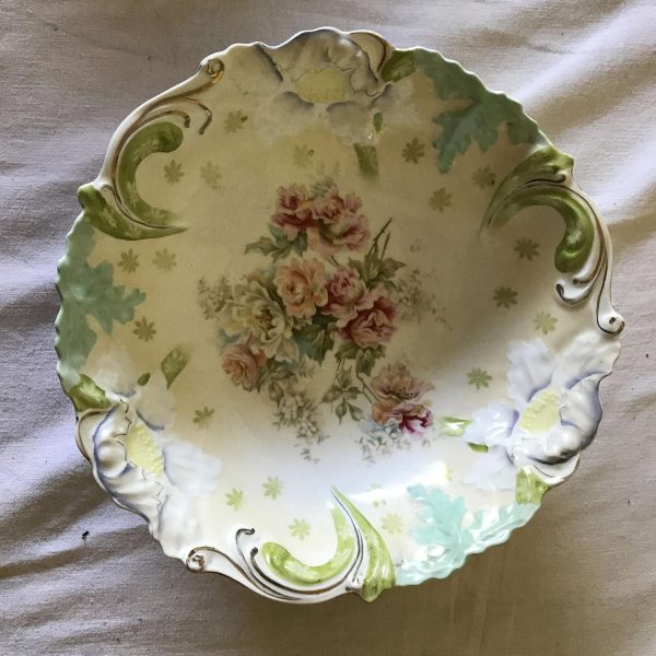 Antique Serving bowl Vegetable 1800's Bavarian Hand painted Stunning display collectible farmhouse Blown out White Flowers Gold trim Scroll